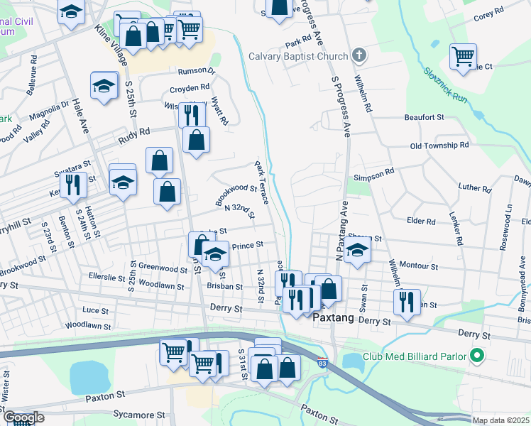 map of restaurants, bars, coffee shops, grocery stores, and more near 416 Park Terrace in Harrisburg