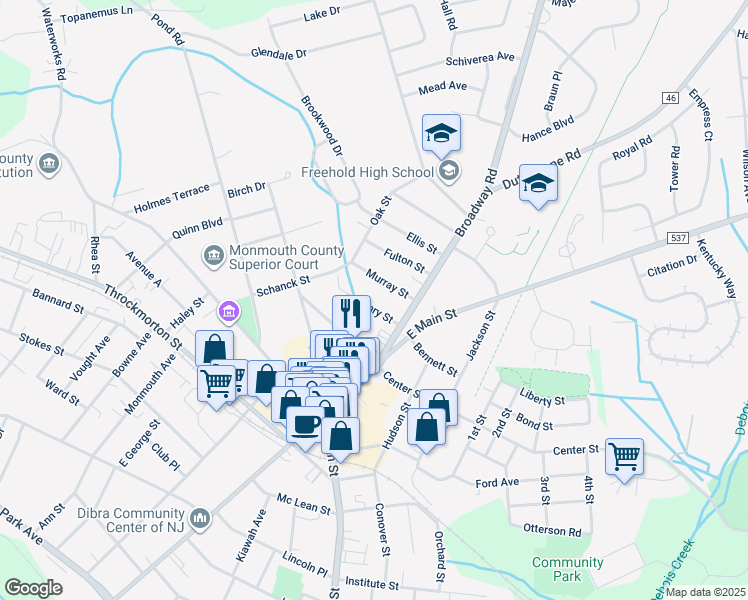 map of restaurants, bars, coffee shops, grocery stores, and more near 17 Henry Street in Freehold