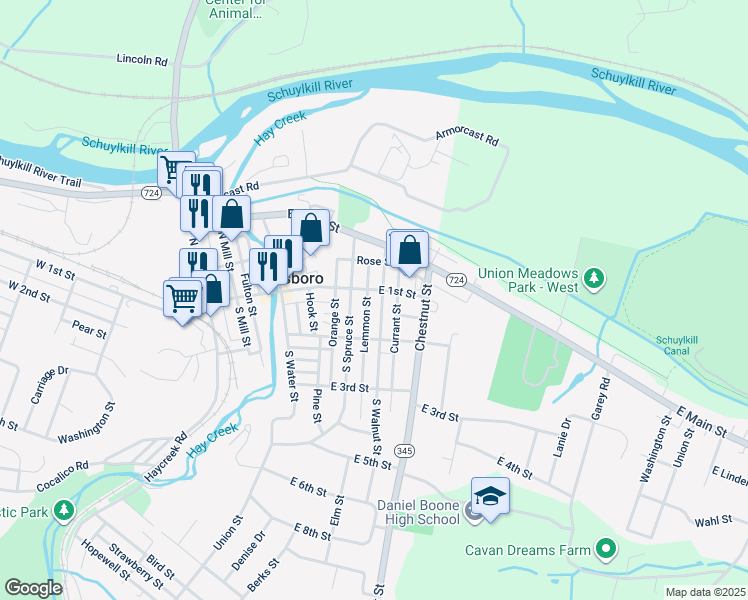 map of restaurants, bars, coffee shops, grocery stores, and more near 112 South Walnut Street in Birdsboro