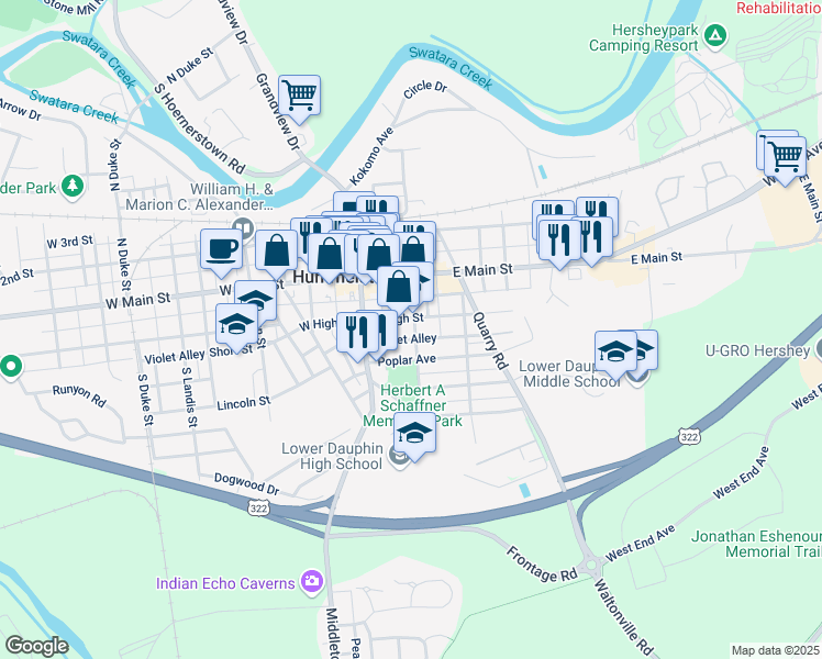 map of restaurants, bars, coffee shops, grocery stores, and more near 45 East High Street in Hummelstown