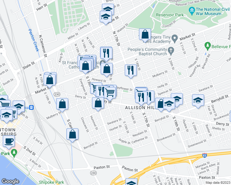 map of restaurants, bars, coffee shops, grocery stores, and more near 1429 Vernon Street in Harrisburg