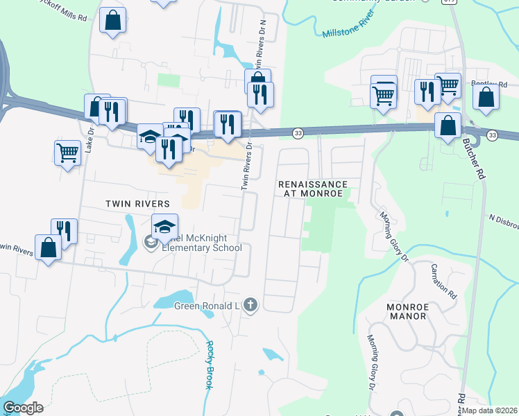 map of restaurants, bars, coffee shops, grocery stores, and more near 4 Pennington Road in East Windsor