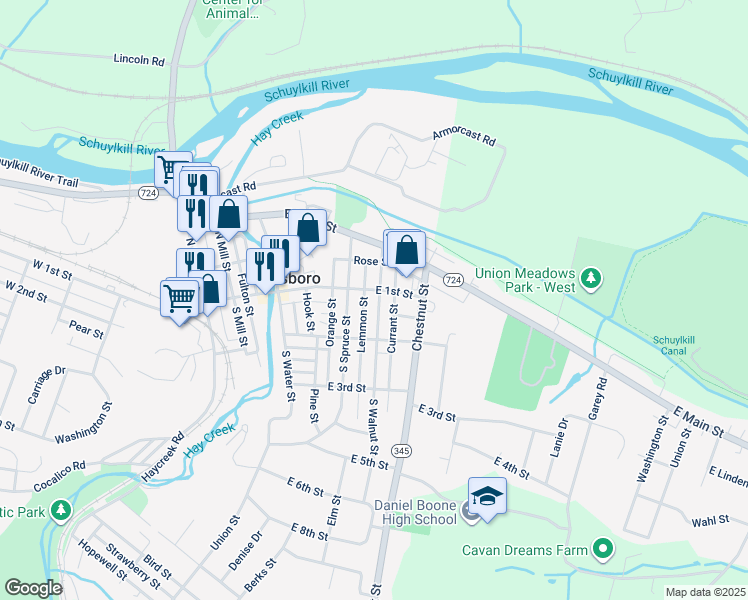 map of restaurants, bars, coffee shops, grocery stores, and more near 112 South Walnut Street in Birdsboro
