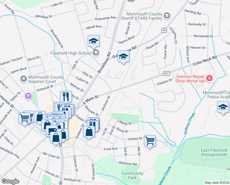 map of restaurants, bars, coffee shops, grocery stores, and more near 15 Jackson Terrace in Freehold