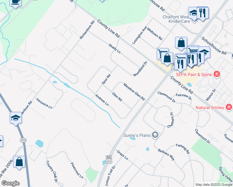 map of restaurants, bars, coffee shops, grocery stores, and more near 21 Glen Road in Lansdale