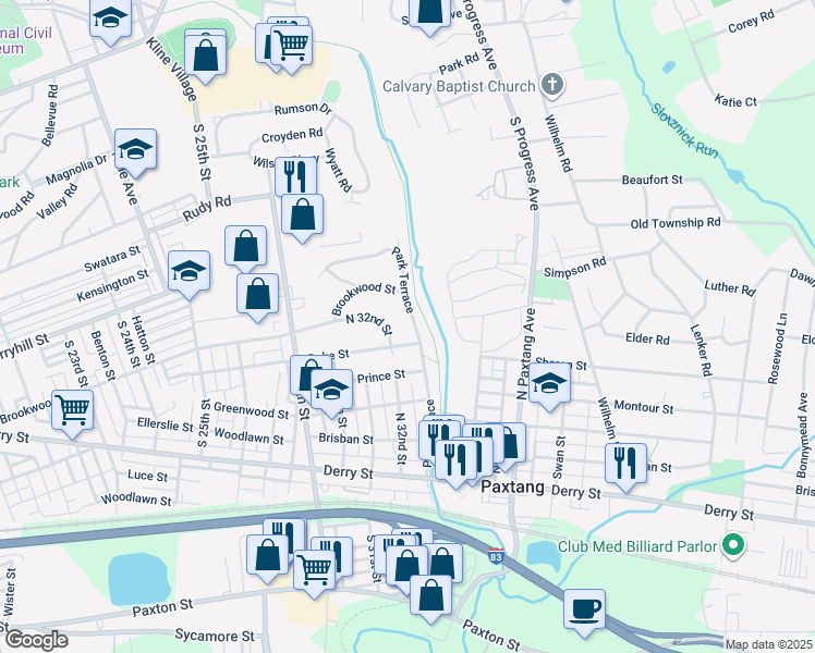 map of restaurants, bars, coffee shops, grocery stores, and more near 416 Park Terrace in Harrisburg