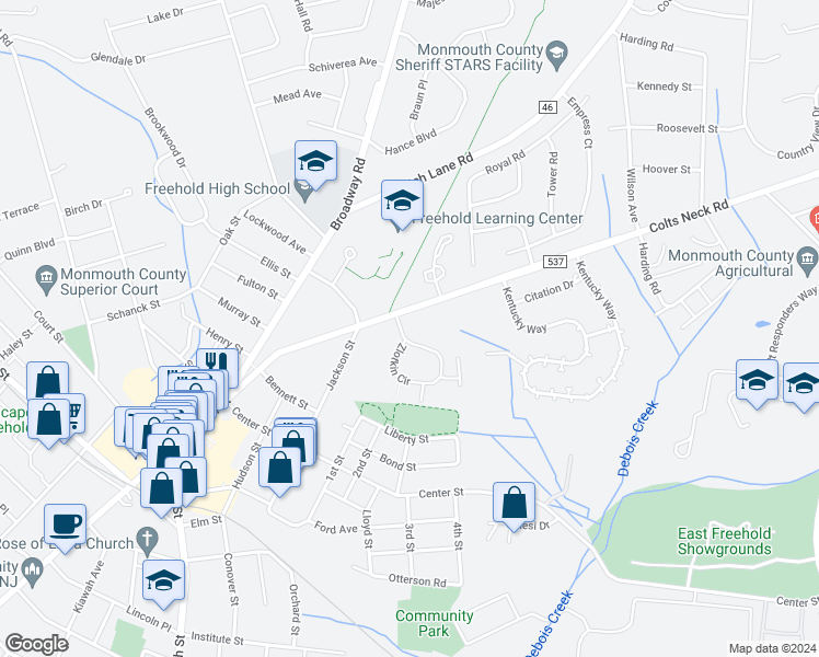 map of restaurants, bars, coffee shops, grocery stores, and more near 722 Zlotkin Circle in Freehold