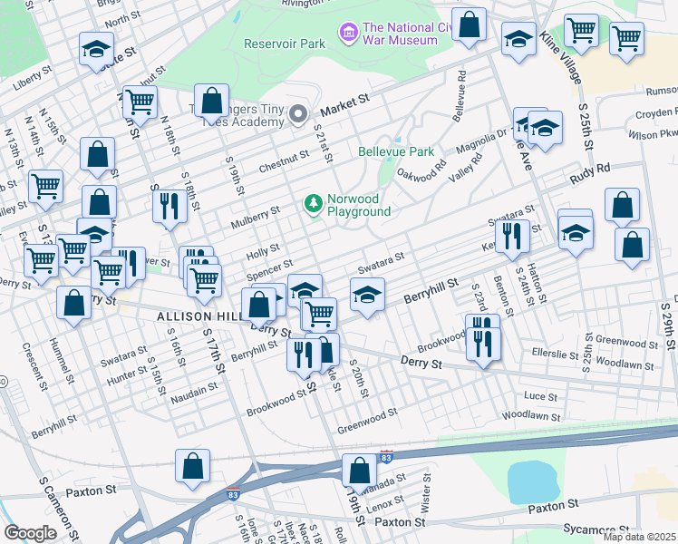 map of restaurants, bars, coffee shops, grocery stores, and more near 2008 Rudy Road in Harrisburg