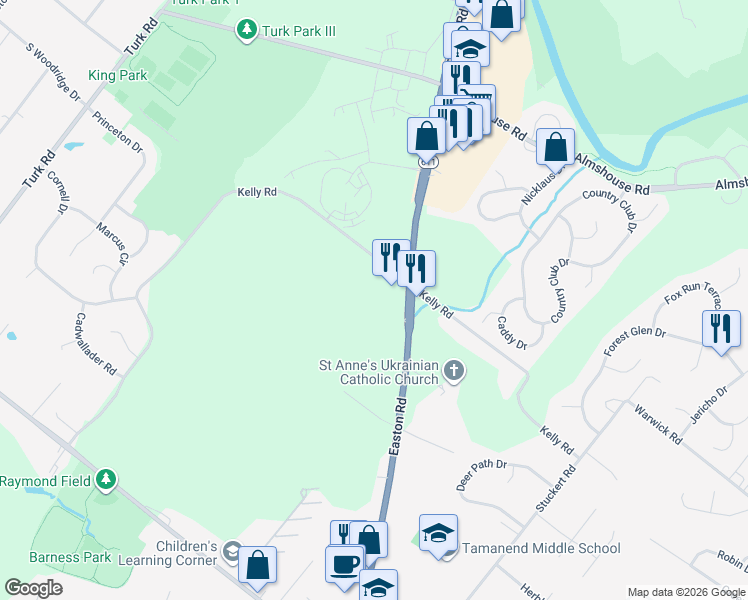 map of restaurants, bars, coffee shops, grocery stores, and more near 1574 Easton Road in Warrington