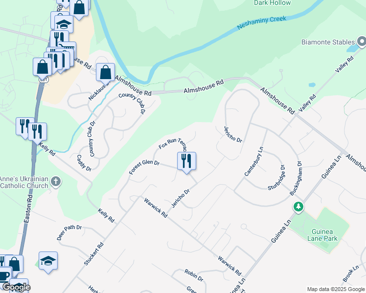 map of restaurants, bars, coffee shops, grocery stores, and more near 1853 Fox Run Terrace in Warrington