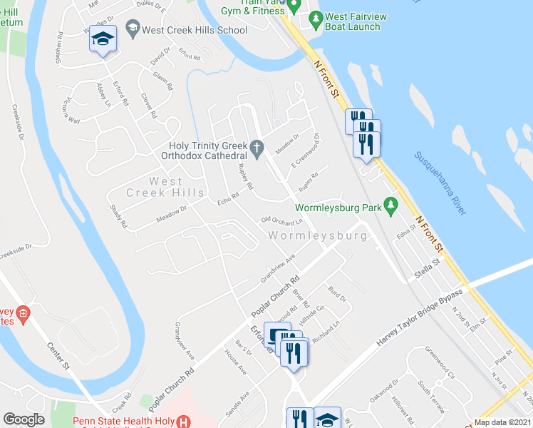 map of restaurants, bars, coffee shops, grocery stores, and more near 571 Old Orchard Lane in Camp Hill