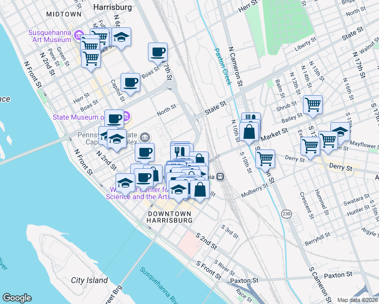 map of restaurants, bars, coffee shops, grocery stores, and more near Walnut Street in Harrisburg
