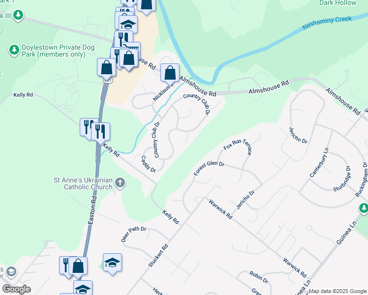 map of restaurants, bars, coffee shops, grocery stores, and more near 1005 Putters Place in Doylestown