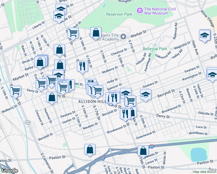 map of restaurants, bars, coffee shops, grocery stores, and more near 317 Burchfield Street in Harrisburg