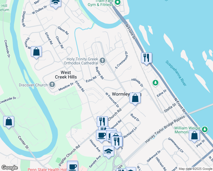 map of restaurants, bars, coffee shops, grocery stores, and more near 571 Old Orchard Lane in Camp Hill
