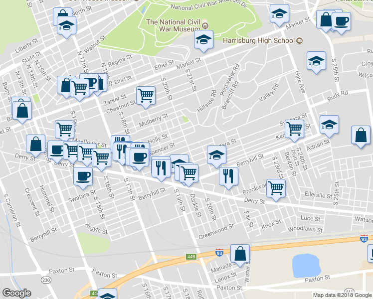 map of restaurants, bars, coffee shops, grocery stores, and more near 1957 Rudy Road in Harrisburg