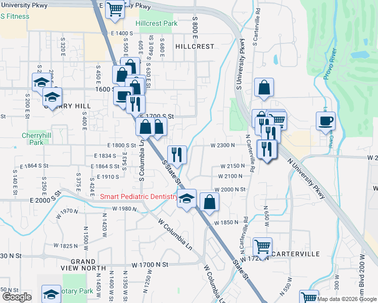 map of restaurants, bars, coffee shops, grocery stores, and more near 2241 North 1060 West in Provo