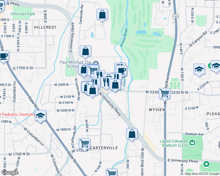 map of restaurants, bars, coffee shops, grocery stores, and more near 404 West 2230 North in Provo