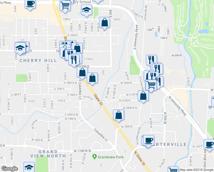 map of restaurants, bars, coffee shops, grocery stores, and more near 2241 North 1060 West in Provo