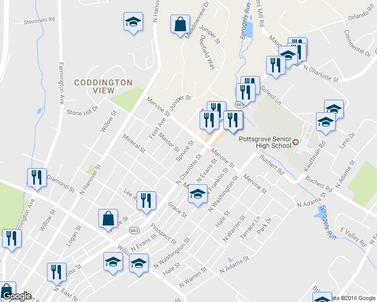map of restaurants, bars, coffee shops, grocery stores, and more near 1200 Spruce Street in Pottstown