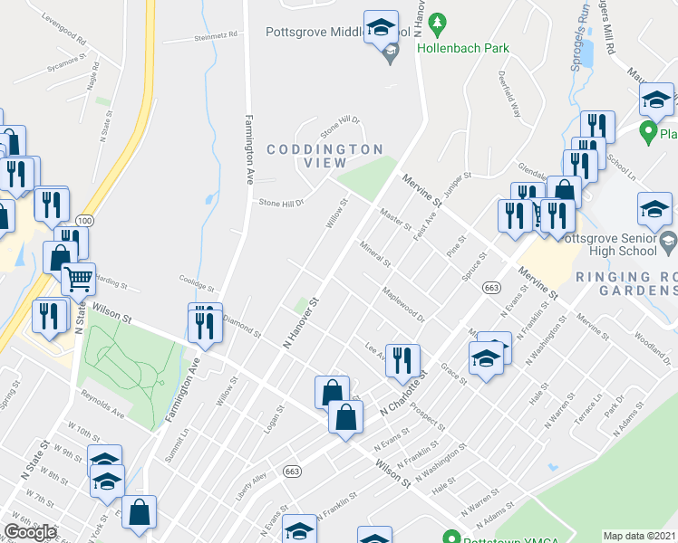 map of restaurants, bars, coffee shops, grocery stores, and more near 200 Maplewood Drive in Pottstown