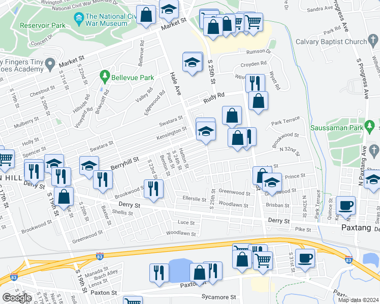 map of restaurants, bars, coffee shops, grocery stores, and more near 2435 Adrian Street in Harrisburg