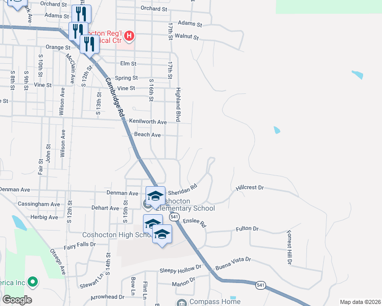 map of restaurants, bars, coffee shops, grocery stores, and more near 1002 Highland Boulevard in Coshocton