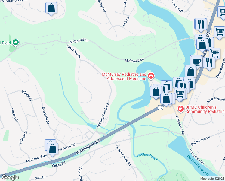 map of restaurants, bars, coffee shops, grocery stores, and more near 418 Hunting Creek Road in Canonsburg