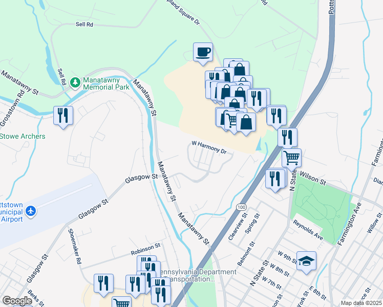 map of restaurants, bars, coffee shops, grocery stores, and more near 144 West Harmony Drive in Pottstown
