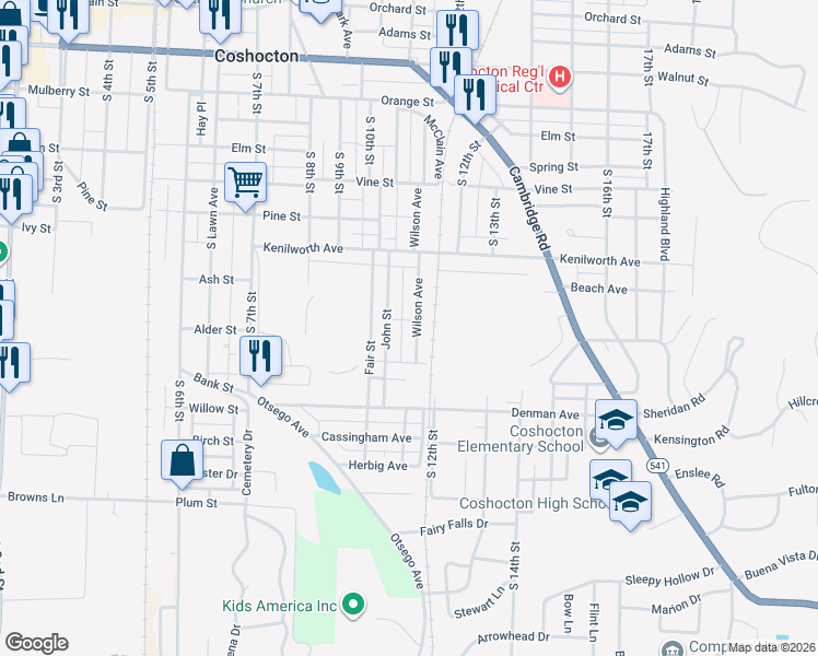 map of restaurants, bars, coffee shops, grocery stores, and more near 667 Wilson Avenue in Coshocton