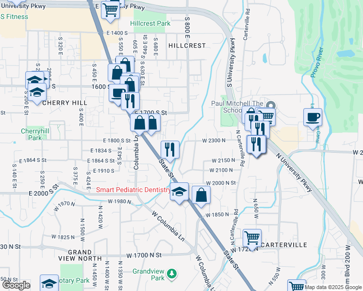 map of restaurants, bars, coffee shops, grocery stores, and more near 2241 North 1060 West in Provo