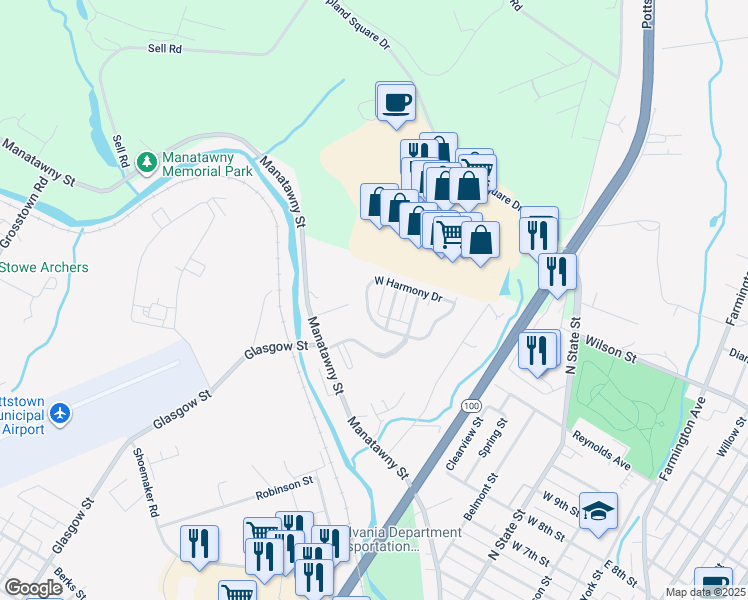 map of restaurants, bars, coffee shops, grocery stores, and more near 144 West Harmony Drive in Pottstown