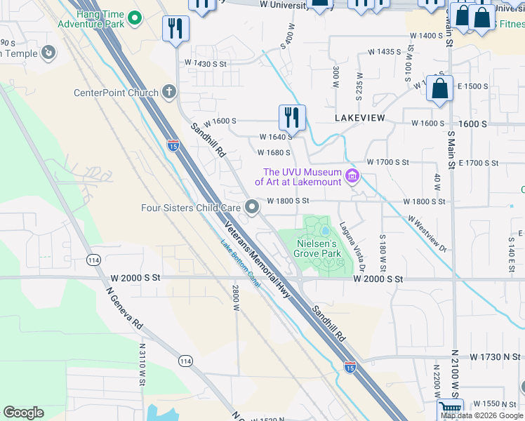map of restaurants, bars, coffee shops, grocery stores, and more near 464 West 1800 South Street in Orem