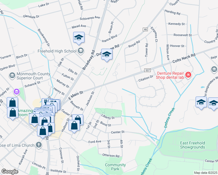 map of restaurants, bars, coffee shops, grocery stores, and more near 722 Zlotkin Circle in Freehold