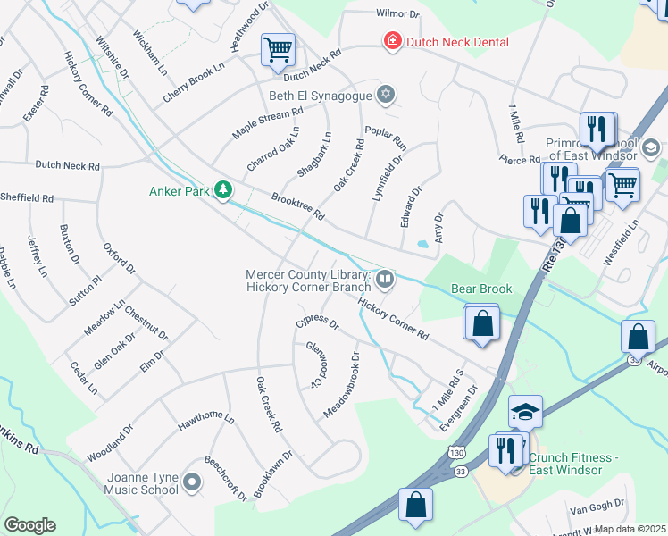 map of restaurants, bars, coffee shops, grocery stores, and more near 48 Brooktree Road in East Windsor