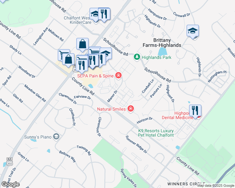 map of restaurants, bars, coffee shops, grocery stores, and more near 1200 Manor Drive in Chalfont