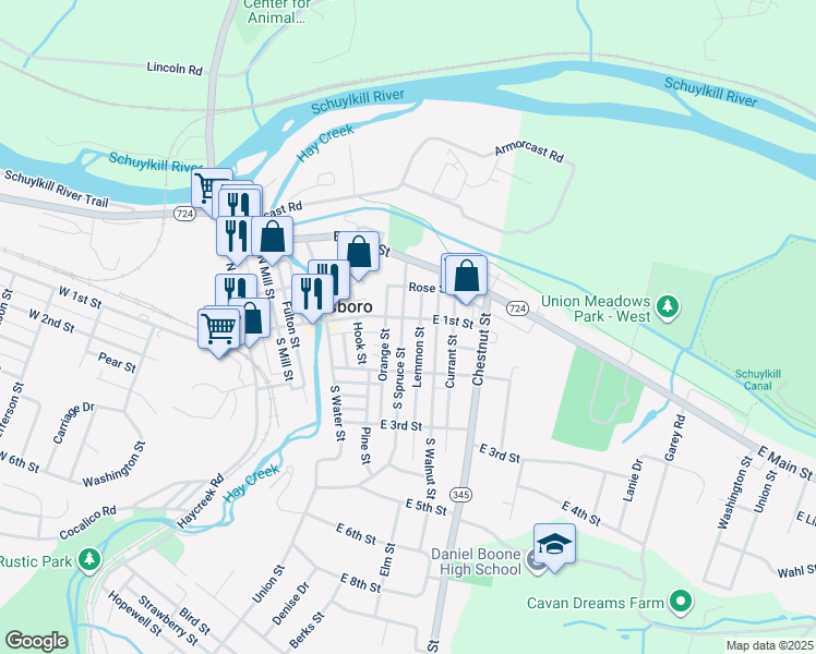 map of restaurants, bars, coffee shops, grocery stores, and more near 109 North Spruce Street in Birdsboro