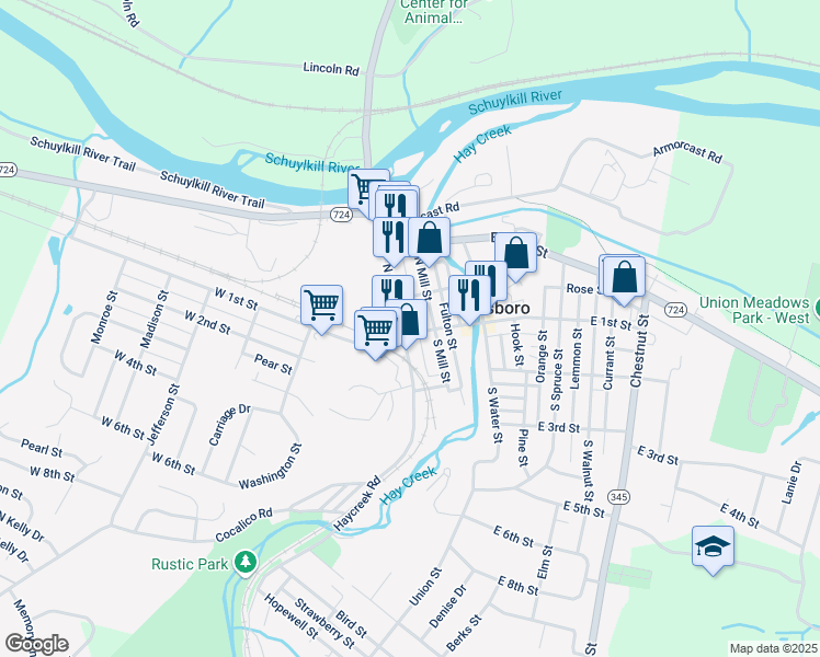map of restaurants, bars, coffee shops, grocery stores, and more near 122 North Mill Street in Birdsboro