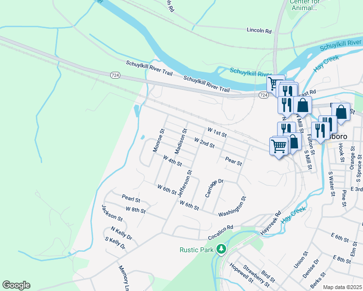 map of restaurants, bars, coffee shops, grocery stores, and more near 523 West 3rd Street in Birdsboro