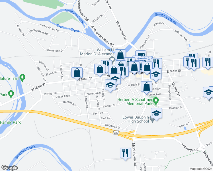 map of restaurants, bars, coffee shops, grocery stores, and more near 241 Long Alley Street in Hummelstown