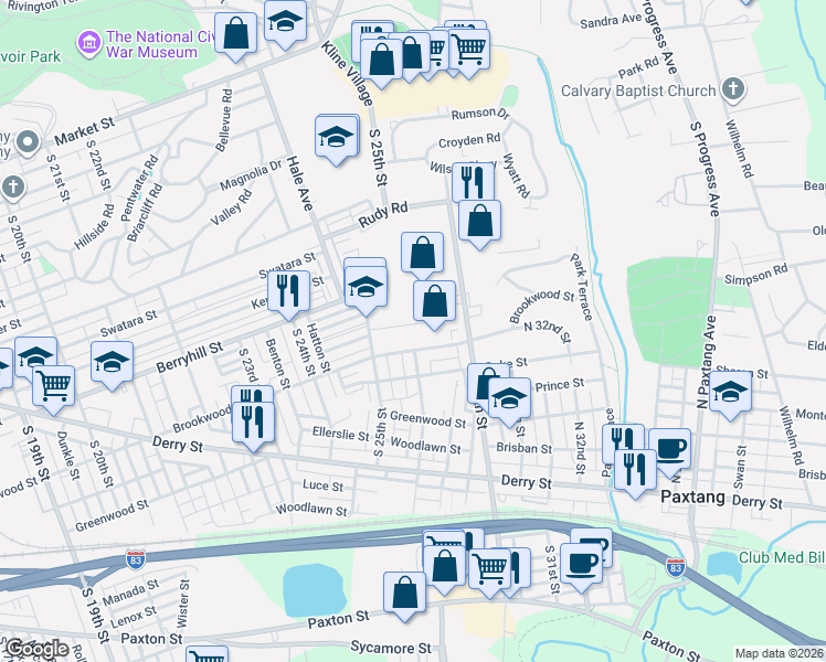 map of restaurants, bars, coffee shops, grocery stores, and more near 2522 Barkley Lane in Harrisburg