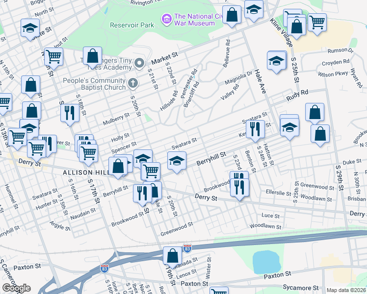 map of restaurants, bars, coffee shops, grocery stores, and more near 2115 Rudy Road in Harrisburg