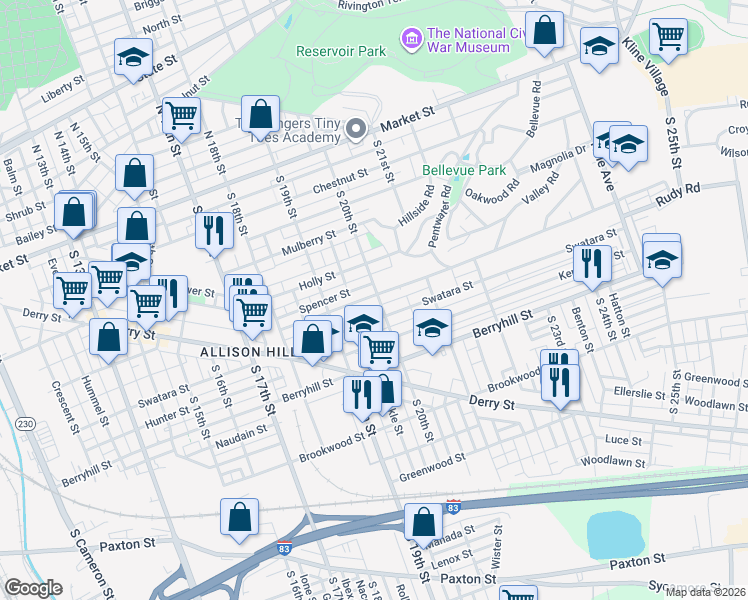 map of restaurants, bars, coffee shops, grocery stores, and more near 229 South 20th Street in Harrisburg