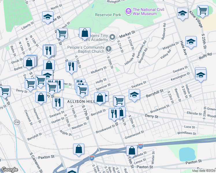 map of restaurants, bars, coffee shops, grocery stores, and more near 1921 Holly Street in Harrisburg