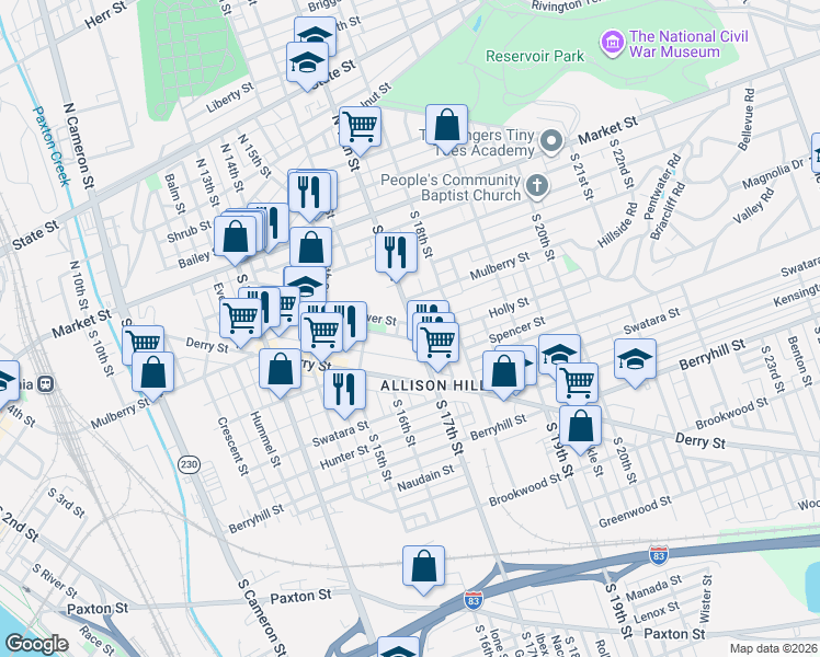 map of restaurants, bars, coffee shops, grocery stores, and more near 209 South 17th Street in Harrisburg