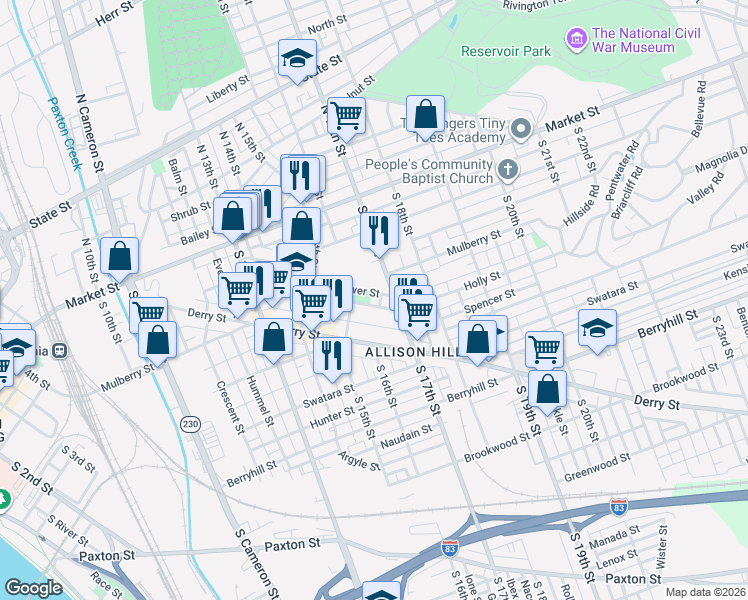 map of restaurants, bars, coffee shops, grocery stores, and more near 140 South 17th Street in Harrisburg