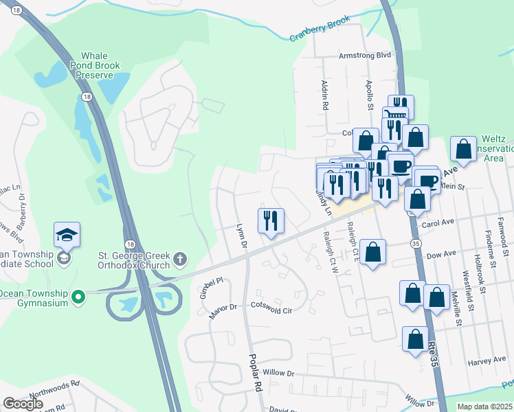 map of restaurants, bars, coffee shops, grocery stores, and more near 32 Oak Mews Court in Ocean Township