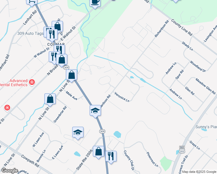 map of restaurants, bars, coffee shops, grocery stores, and more near 102 Deerpath Drive in Lansdale