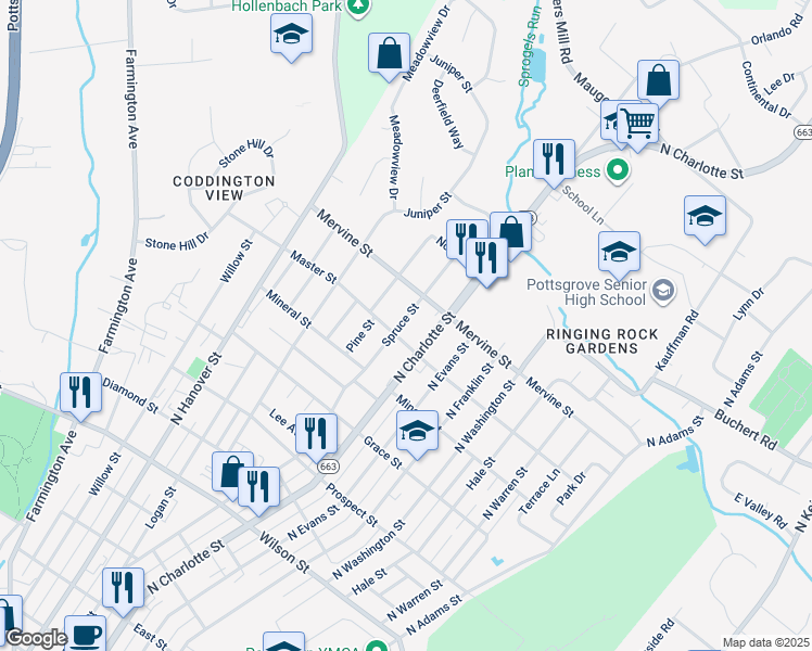 map of restaurants, bars, coffee shops, grocery stores, and more near 1200 Spruce Street in Pottstown