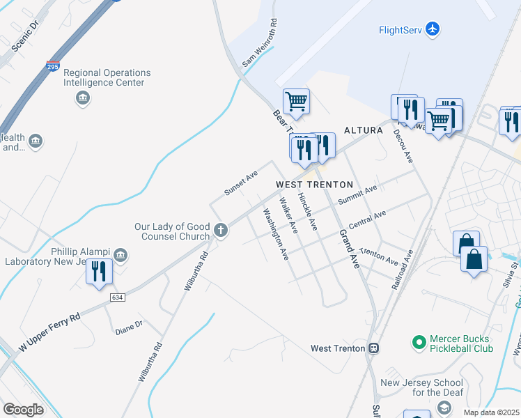 map of restaurants, bars, coffee shops, grocery stores, and more near 109 West Upper Ferry Road in Trenton